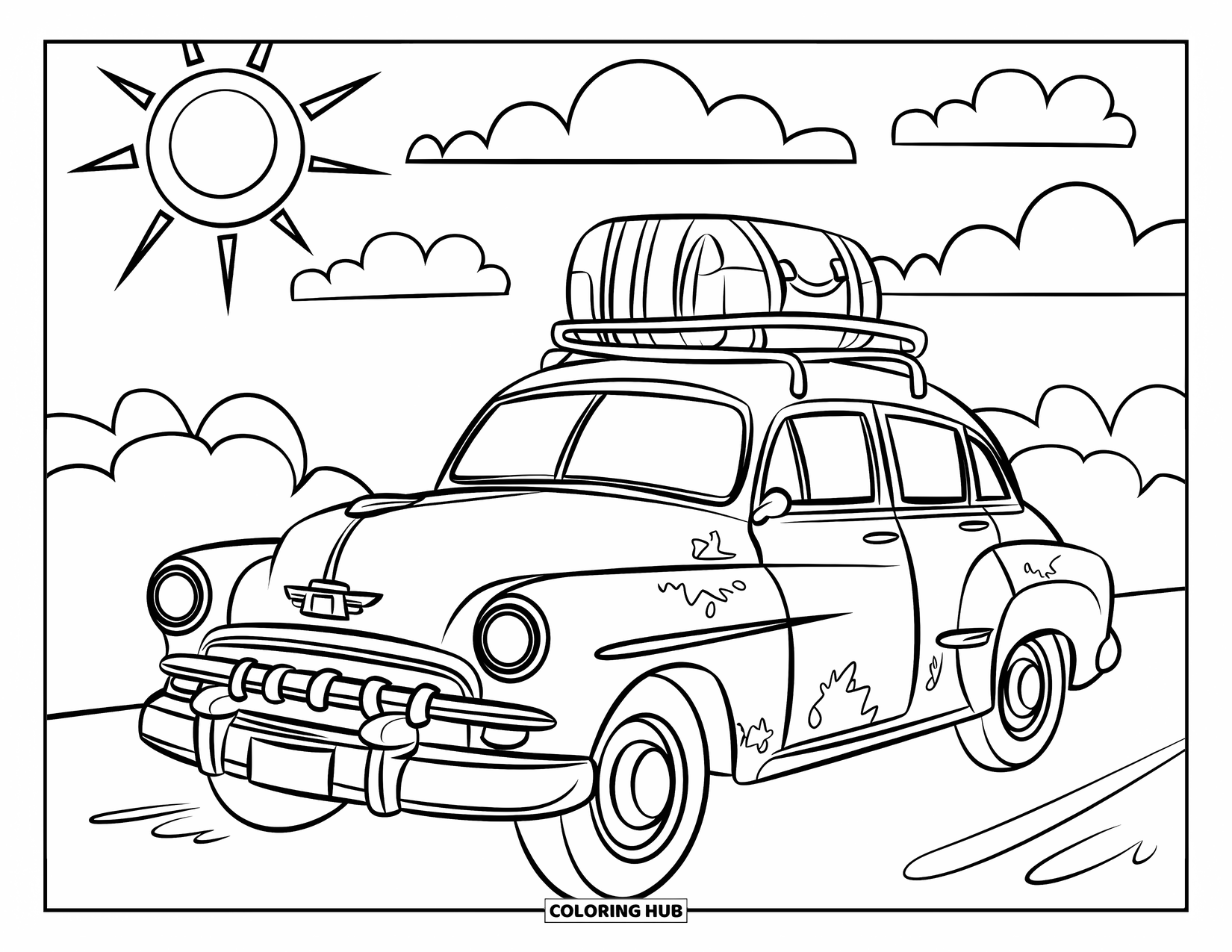 Summer Vacation Coloring Page for Kids: A cheerful road trip car filled with bags and smiling faces