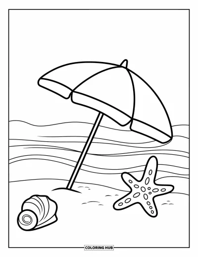 Coloriage de vacances d'été pour enfants : Une scène animée de parasol au bord de la mer sous un ciel bleu limpide