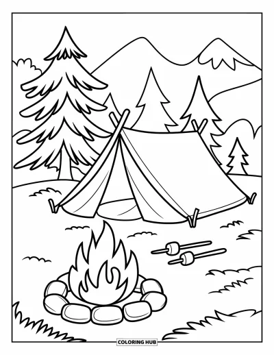 Coloriage de vacances d'été pour enfants : Une scène de tente joyeuse avec un feu et des pins tout autour