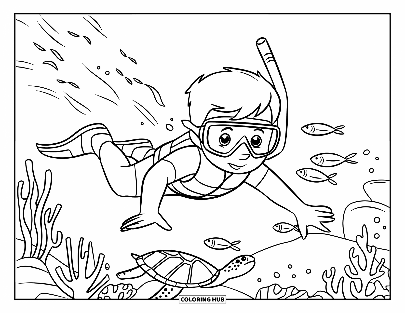 Summer Vacation Coloring Page for Kids: A child snorkels underwater surrounded by bright marine life