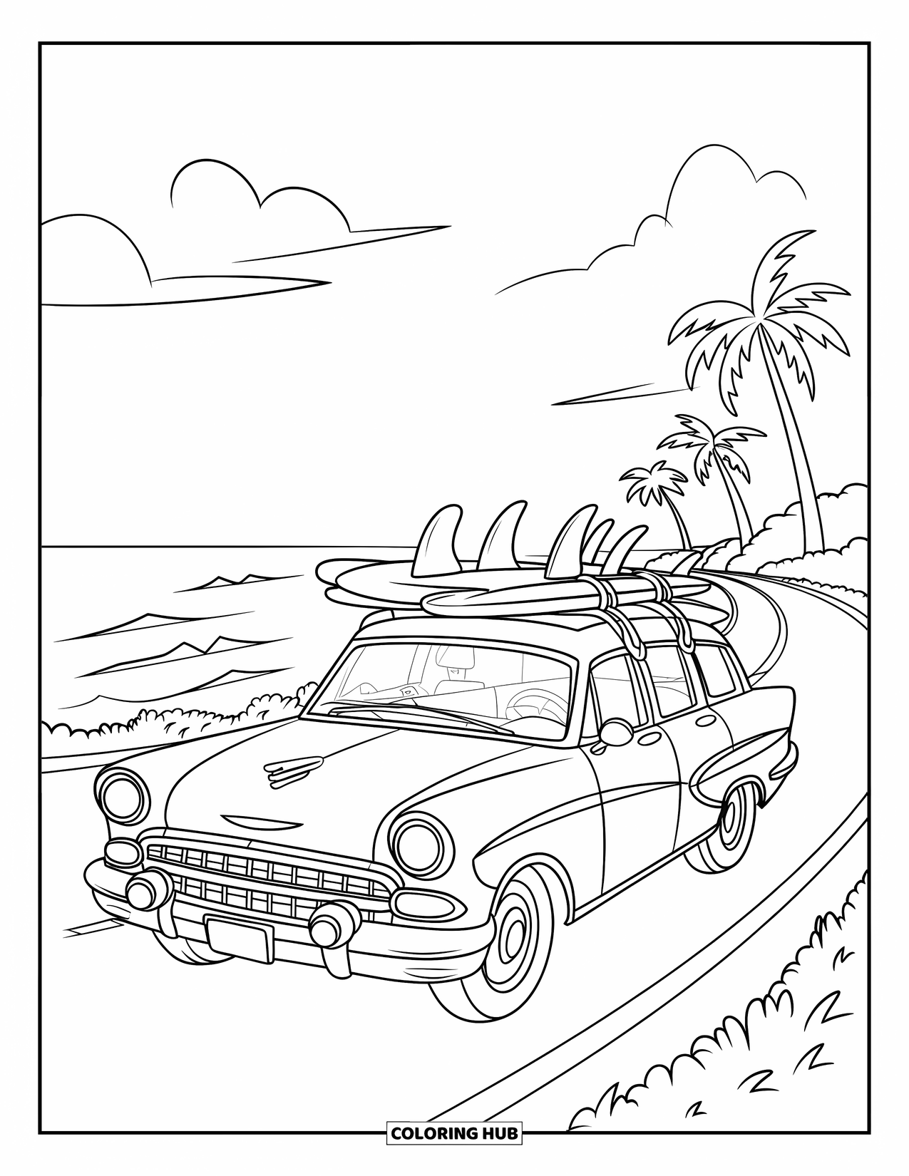 Summer Vacation Coloring Page for Kids: A convertible on a sunny coastal road lined with palm trees