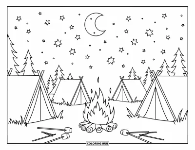 Coloriage de vacances d'été pour enfants : Un campement douillet avec un feu de camp sous un ciel étoilé