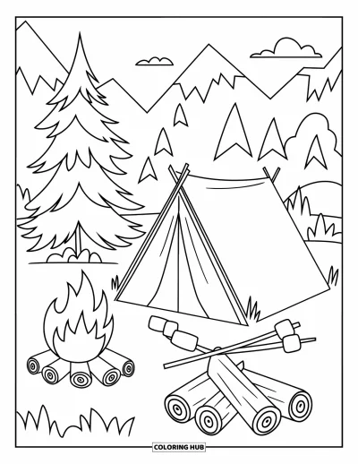 Coloriage de vacances d'été pour enfants : Un campement convivial avec des tentes, un feu et des guimauves grillées