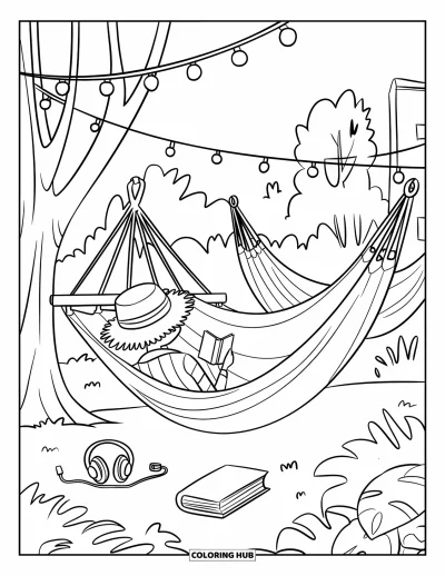 Coloriage de vacances d'été pour enfants : Un hamac douillet sous des guirlandes lumineuses avec des livres et de l'herbe verte