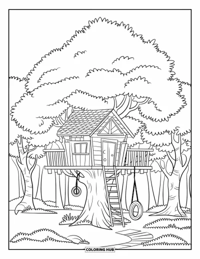 Coloriage de vacances d'été pour enfants : Une cabane dans les arbres avec une échelle et une balançoire parmi de grands arbres