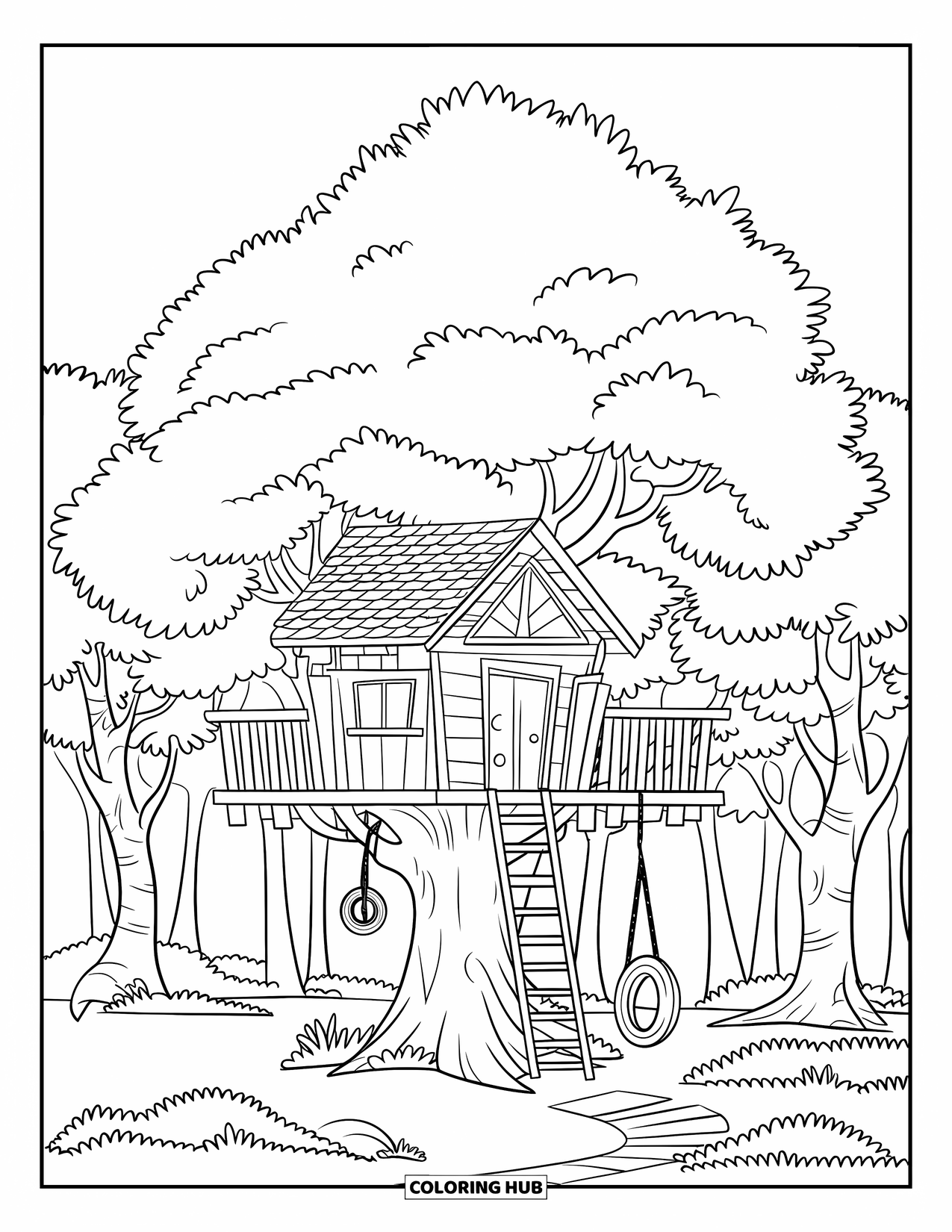 Summer Vacation Coloring Page for Kids: A cozy treehouse with a ladder and a swing among tall trees