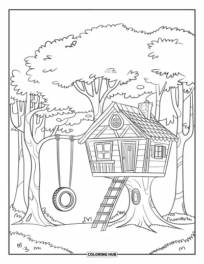 Coloriage de vacances d'été pour enfants : Une cabane dans les arbres avec une échelle, une balançoire et une lumière dorée
