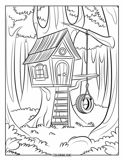 Coloriage de vacances d'été pour enfants : Une cabane dans les arbres avec une balançoire en pneu et une échelle en bois