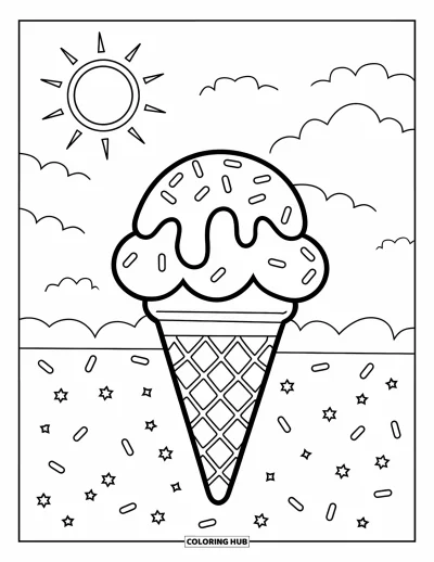 Coloriage de vacances d'été pour enfants : Un grand cornet de glace avec des vermicelles sous un soleil radieux