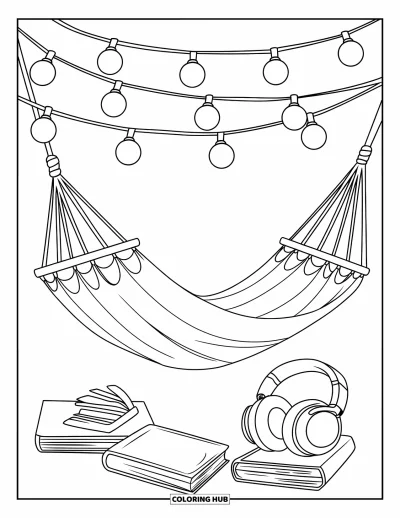 Coloriage de vacances d'été pour enfants : Un hamac sous des guirlandes lumineuses entouré de livres et d'arbres
