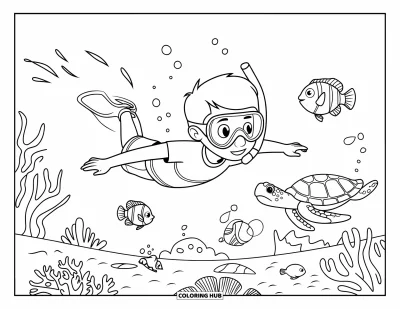 Coloriage de vacances d'été pour enfants : Un plongeur heureux évolue parmi des poissons, des coraux et des tortues marines