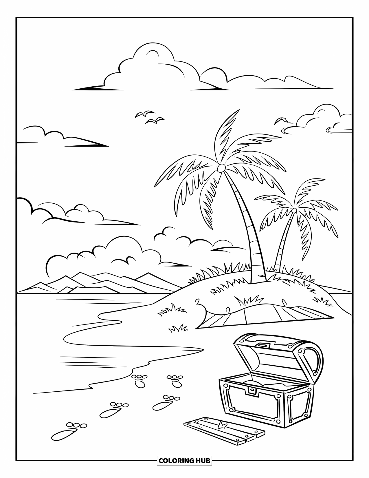 Summer Vacation Coloring Page for Kids: A hidden treasure island with palms, a chest, and a bright sky