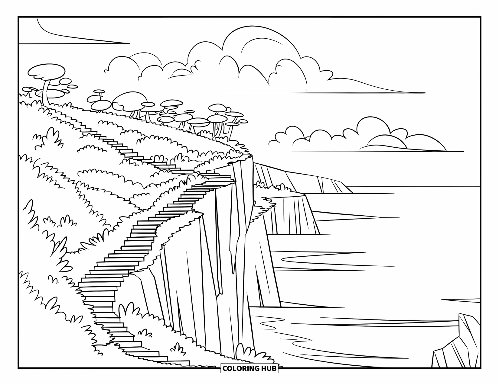 Summer Vacation Coloring Page for Kids: A hiking trail on a cliff with steps, trees, and ocean views