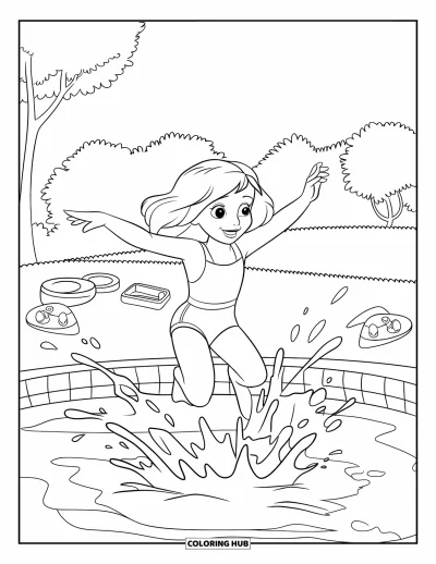Coloriage de vacances d'été pour enfants : Une fillette joyeuse saute dans une piscine entourée de bouées colorées