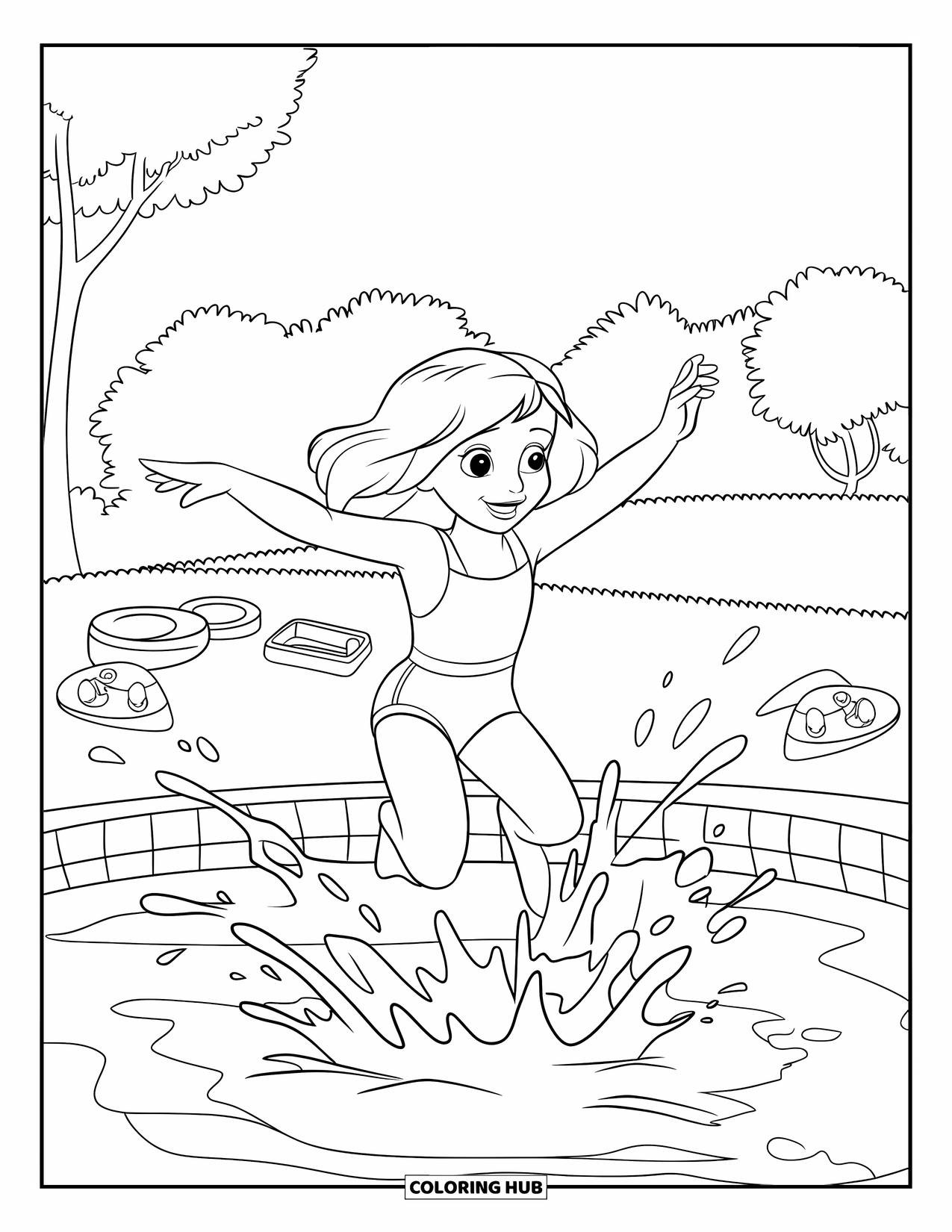 Summer Vacation Coloring Page for Kids: A joyful girl jumps into a pool surrounded by float toys