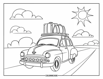 Coloriage de vacances d'été pour enfants : Une petite voiture avec des valises roule sous de beaux nuages blancs