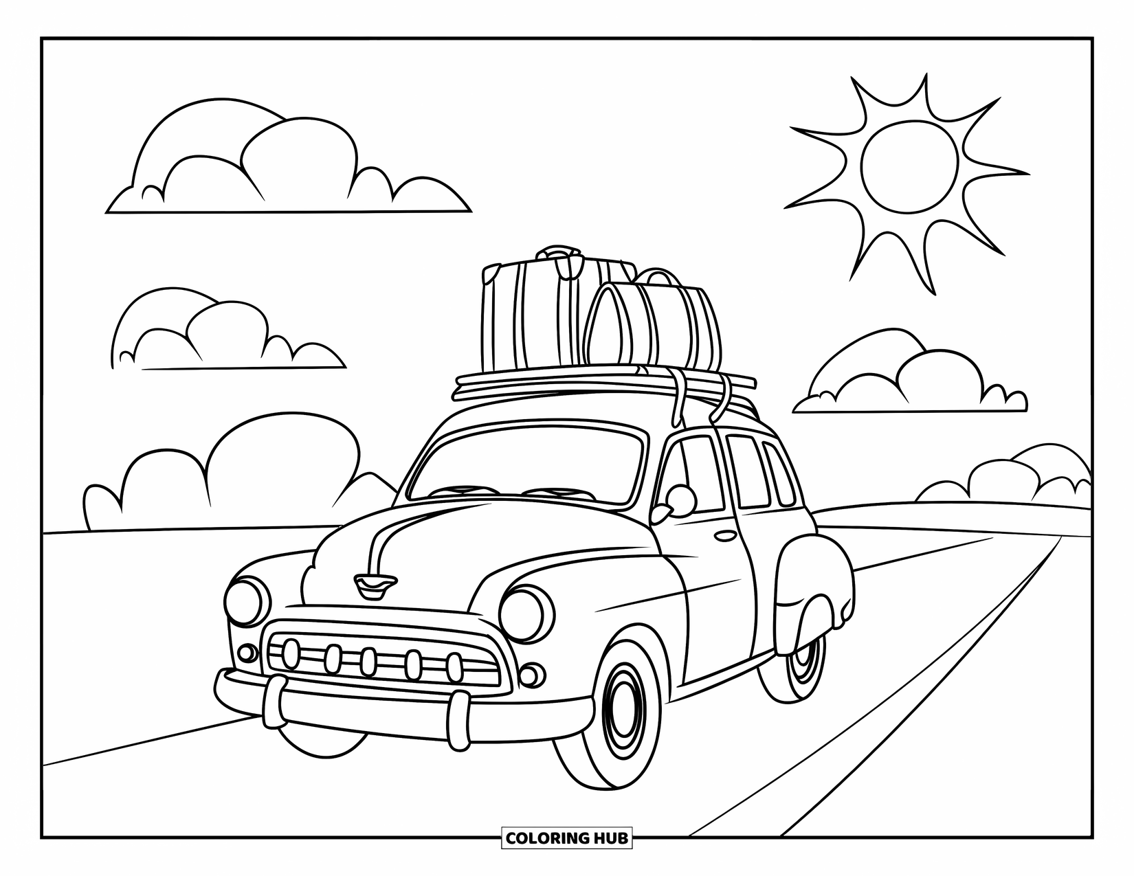 Summer Vacation Coloring Page for Kids: A little car with suitcases drives beneath fluffy white clouds