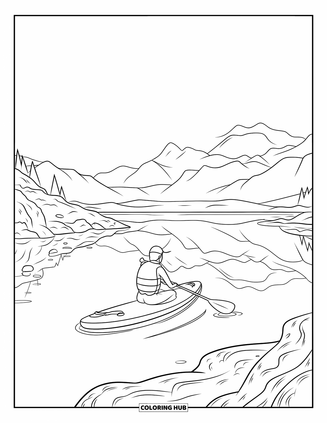 Summer Vacation Coloring Page for Kids: A paddleboarder glides across a still lake surrounded by mountains