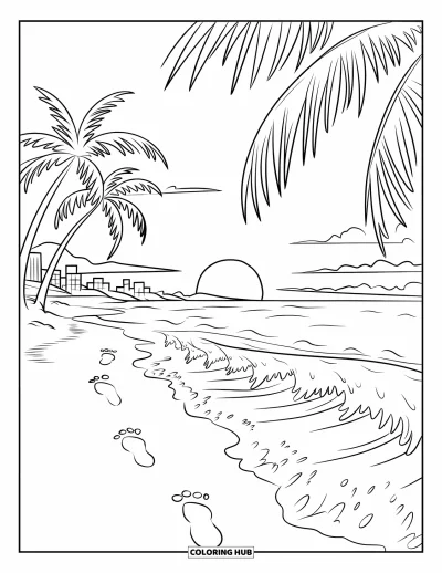 Coloriage de vacances d'été pour enfants : Une plage bordée de palmiers baignée d'une lumière dorée en soirée