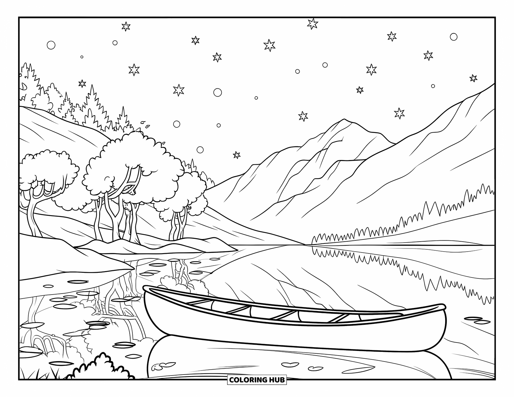 Summer Vacation Coloring Page for Kids: A peaceful mountain lake with a canoe and forest reflections