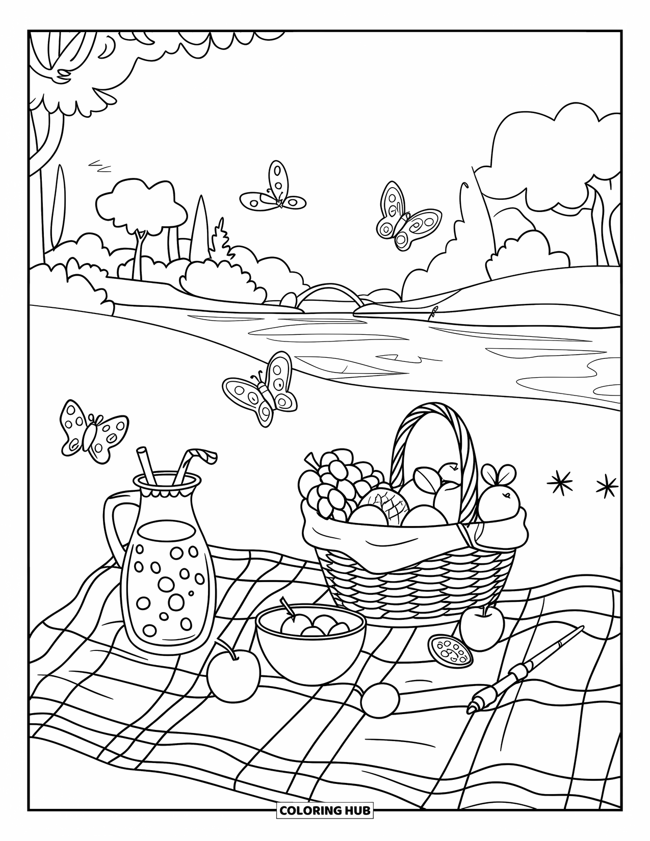 Summer Vacation Coloring Page for Kids: A picnic blanket with fruits, lemonade, and butterflies nearby