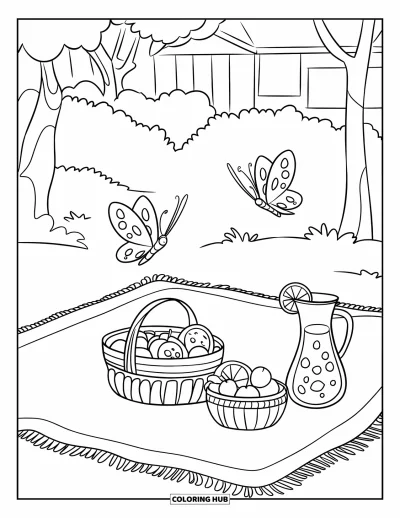 Coloriage de vacances d'été pour enfants : Un pique-nique sous les arbres avec un panier, des boissons et des papillons