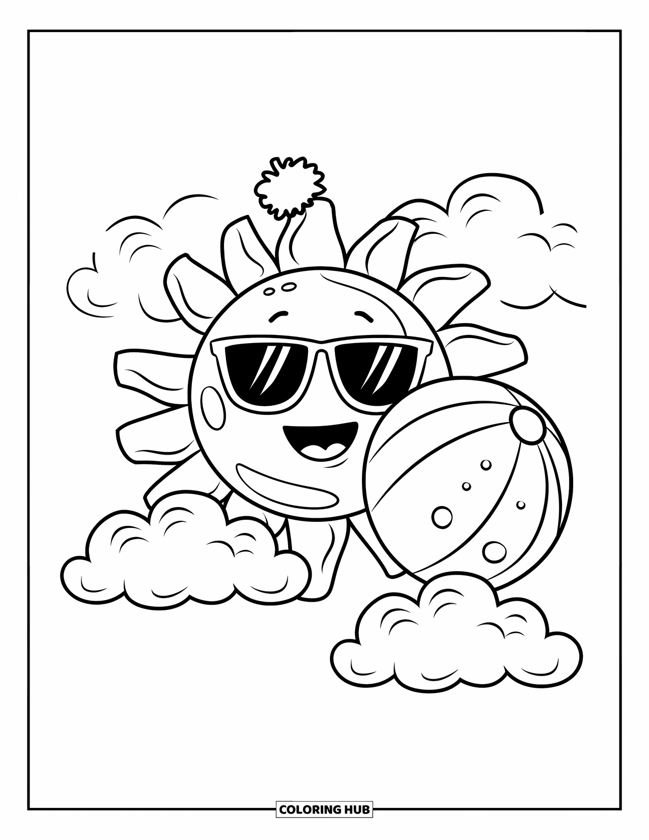Summer Vacation Coloring Page for Kids: A playful sun with shades and a ball shining over clear skies