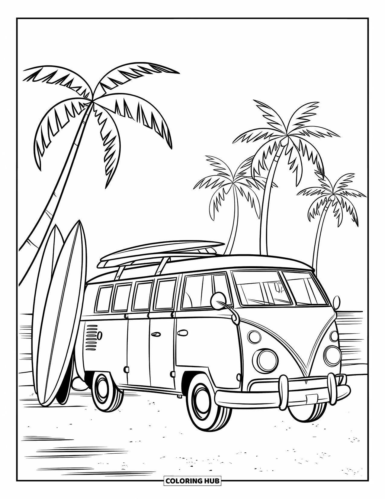 Summer Vacation Coloring Page for Kids: A retro van by the ocean surrounded by sand and surfboards