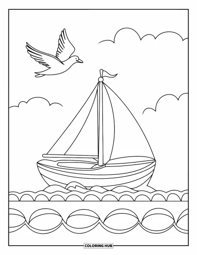 Coloriage de vacances d'été pour enfants : Un voilier glisse sur des vagues douces sous un ciel ensoleillé