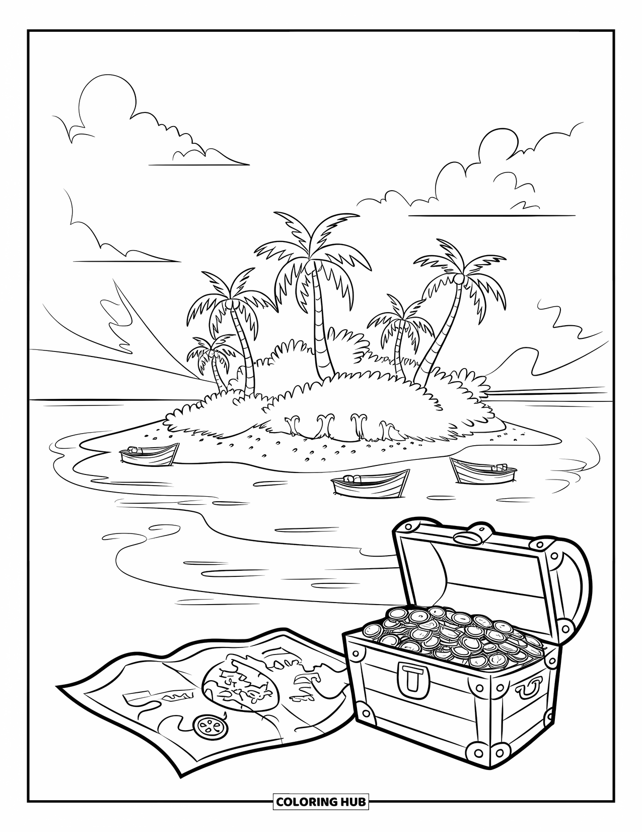 Summer Vacation Coloring Page for Kids: A sandy island with a treasure chest and a map near calm waves