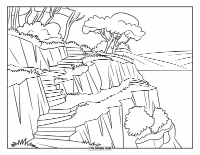 Coloriage de vacances d'été pour enfants : Un chemin pittoresque en falaise avec des marches en pierre et des arbres surplombant l'océan