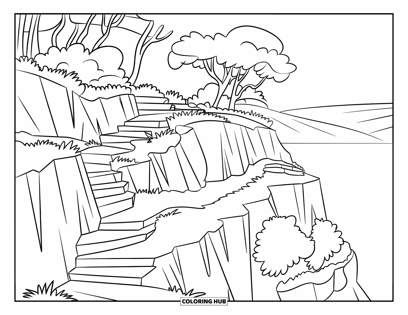 Summer Vacation Coloring Page for Kids: A scenic cliffside path with stone steps and trees overlooking the ocean