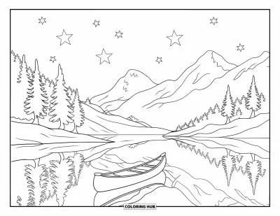Coloriage de vacances d'été pour enfants : Un lac de forêt paisible avec des arbres, des étoiles et des montagnes reflétés dans l'eau
