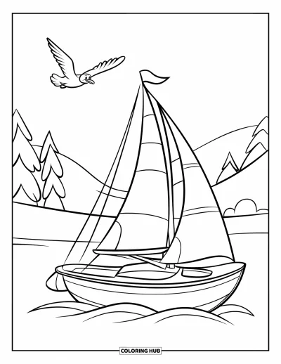 Coloriage de vacances d'été pour enfants : Un petit voilier avec une mouette planant au-dessus d'eaux tranquilles