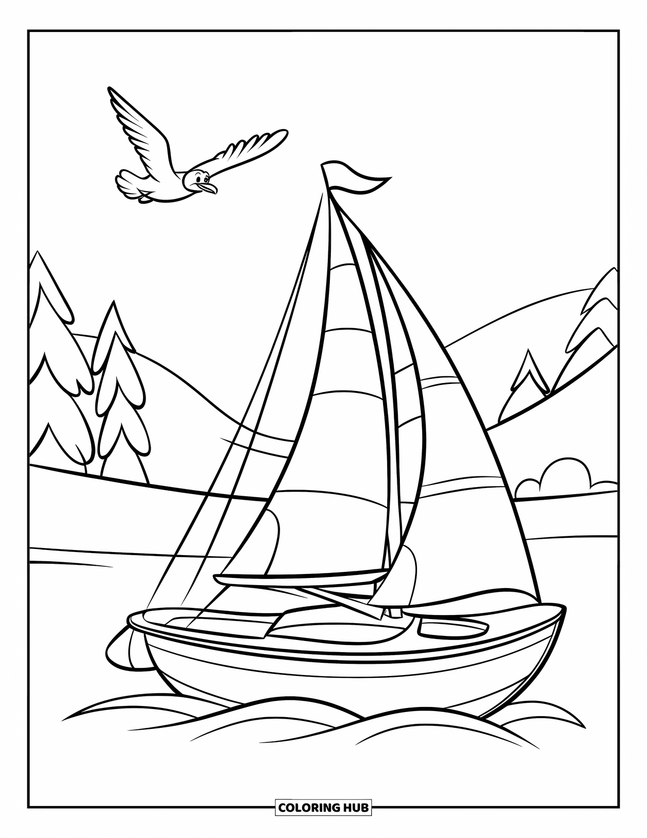 Summer Vacation Coloring Page for Kids: A small sailboat with a seagull flying above calm waters