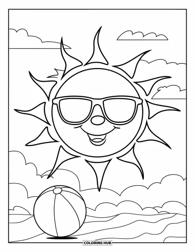 Coloriage de vacances d'été pour enfants : Un soleil souriant avec des lunettes flotte au-dessus de nuages et d'un ballon de plage