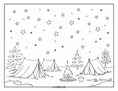 Coloriage de vacances d'été pour enfants : Un campement étoilé avec des tentes, des chaises et des guimauves qui grillent