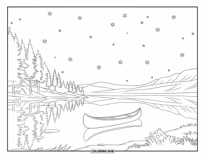 Coloriage de vacances d'été pour enfants : Un lac étoilé avec un canoë et des montagnes au loin