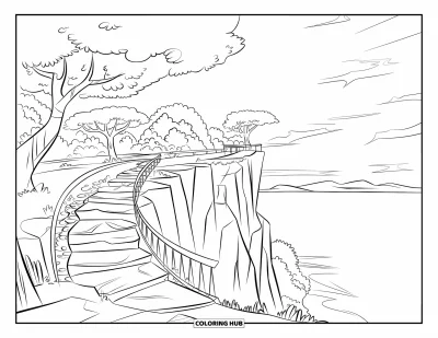 Coloriage de vacances d'été pour enfants : Un chemin de pierre au sommet d'une falaise menant à un belvédère serein