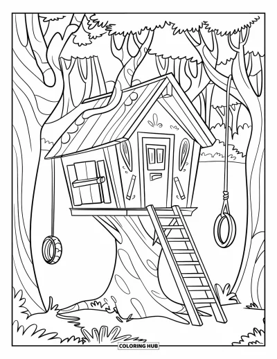 Coloriage de vacances d'été pour enfants : Une cabane d'été dans les arbres ombragée par des feuilles avec une balançoire suspendue