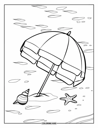 Coloriage de vacances d'été pour enfants : Un parasol de plage ensoleillé posé près de coquillages sur du sable doré