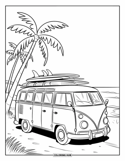 Coloriage de vacances d'été pour enfants : Un van de surf près de palmiers au bord de vagues bleues et calmes