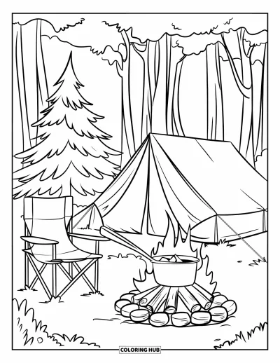 Coloriage de vacances d'été pour enfants : Une tente et un feu de camp entourés de montagnes et de grands arbres