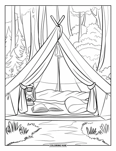 Coloriage de vacances d'été pour enfants : Une tente nichée dans la forêt avec une lumière douce et le confort de l'essentiel