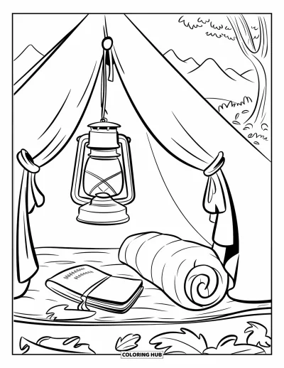 Coloriage de vacances d'été pour enfants : Une tente bien rangée avec du matériel de camping entourée d'arbres et de collines