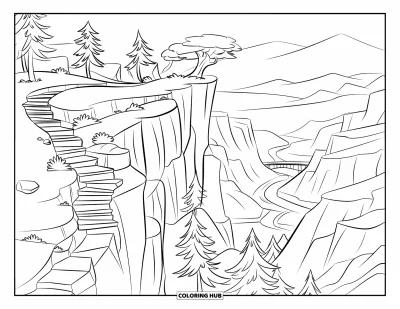 Coloriage de vacances d'été pour enfants : Un sentier de marches gravit une falaise avec des arbres et une vallée fluviale en contrebas