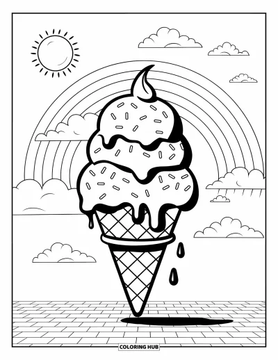 Coloriage de vacances d'été pour enfants : Un cornet de glace à trois boules brillant sous un arc-en-ciel