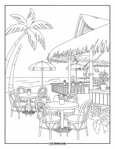 Coloriage de vacances d'été pour enfants : Un café de plage tropicale avec des tables, des plantes et un toit de chaume