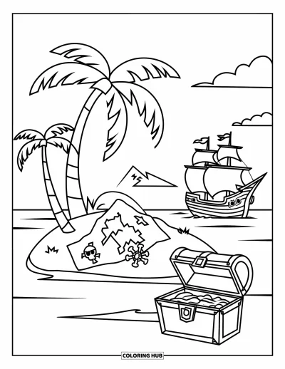 Coloriage de vacances d'été pour enfants : Une île tropicale avec un coffre au trésor, une carte et des palmiers