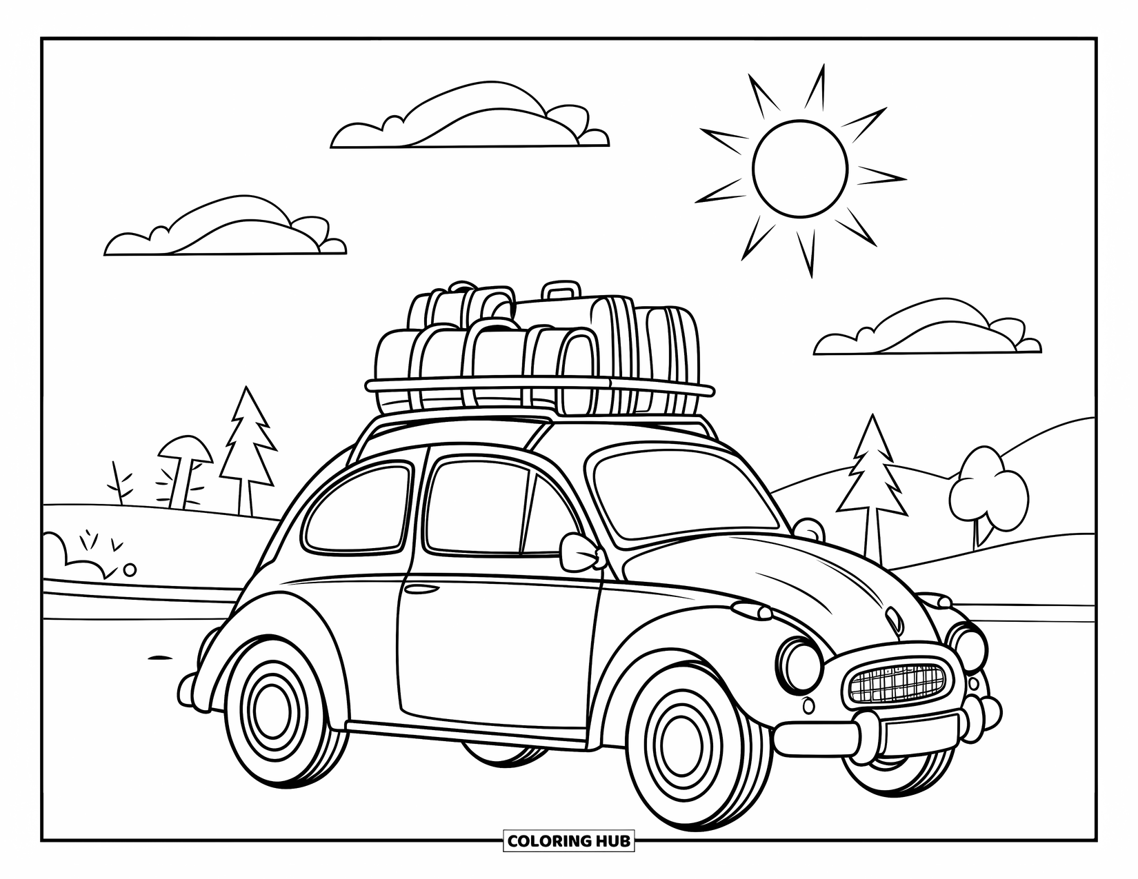 Summer Vacation Coloring Page for Kids: A vintage car with luggage drives down a sunny road